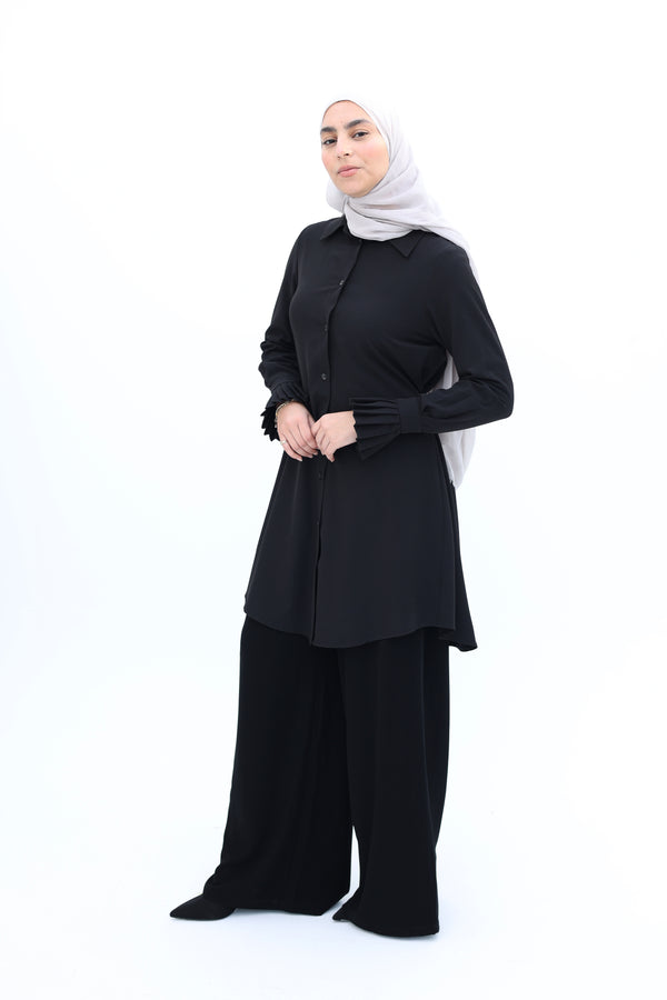 back pleated long shirt black