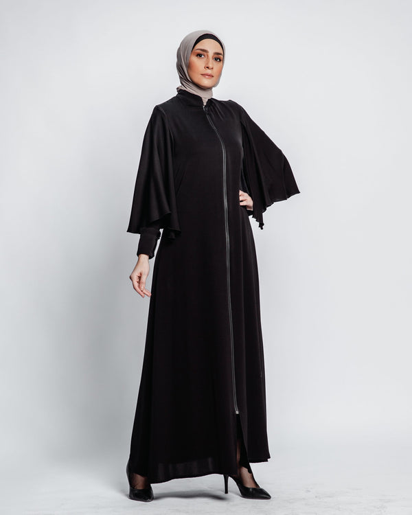 Tulip Pockets with magic zipper Abaya - Black Chiffon Scarf included