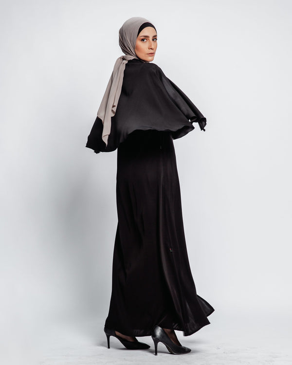 Tulip Pockets with magic zipper Abaya - Black Chiffon Scarf included