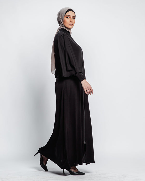 Tulip Pockets with magic zipper Abaya - Black Chiffon Scarf included