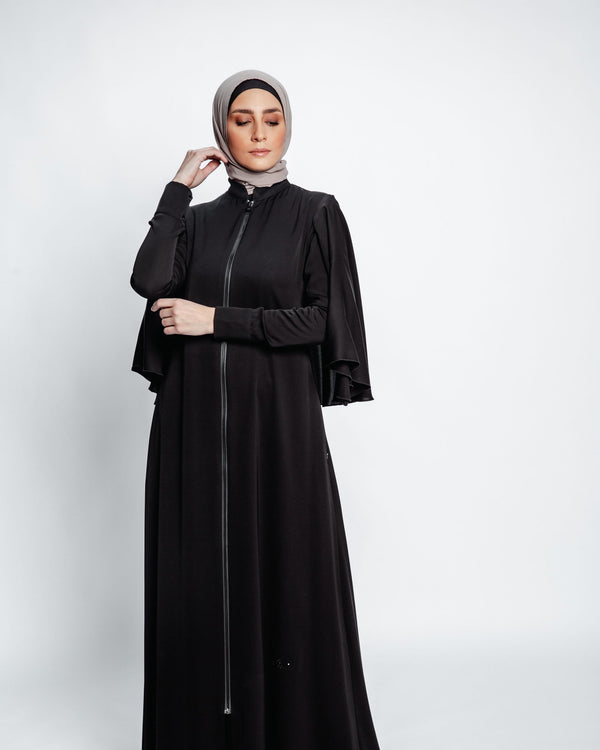 Tulip Pockets with magic zipper Abaya - Black Chiffon Scarf included