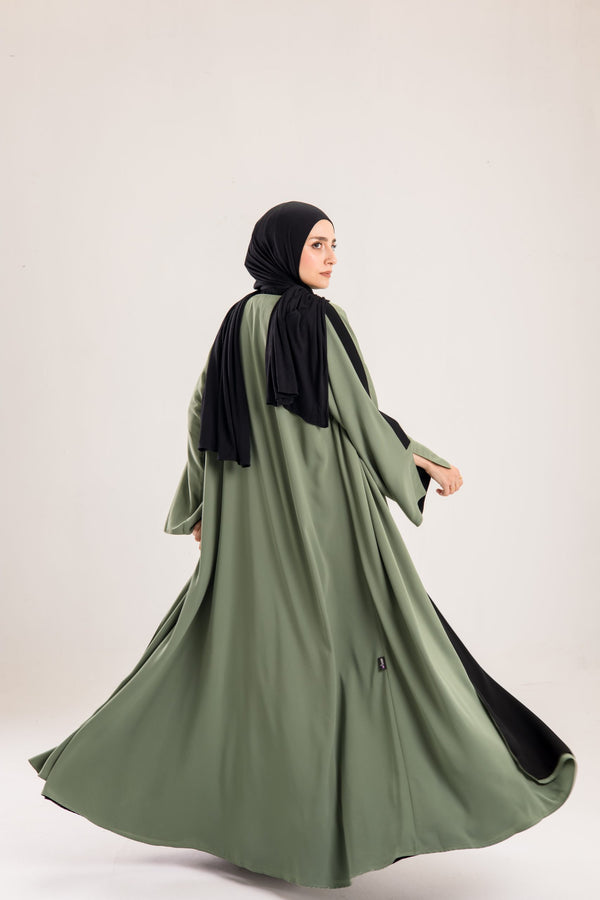 Double Sided crepe Abaya , black X olive green