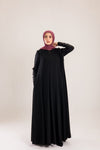 Sun rays crepe abaya with satin sleeves.