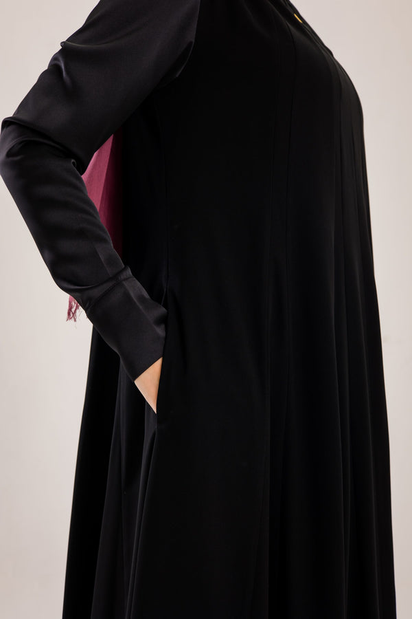 Sun rays crepe abaya with satin sleeves.