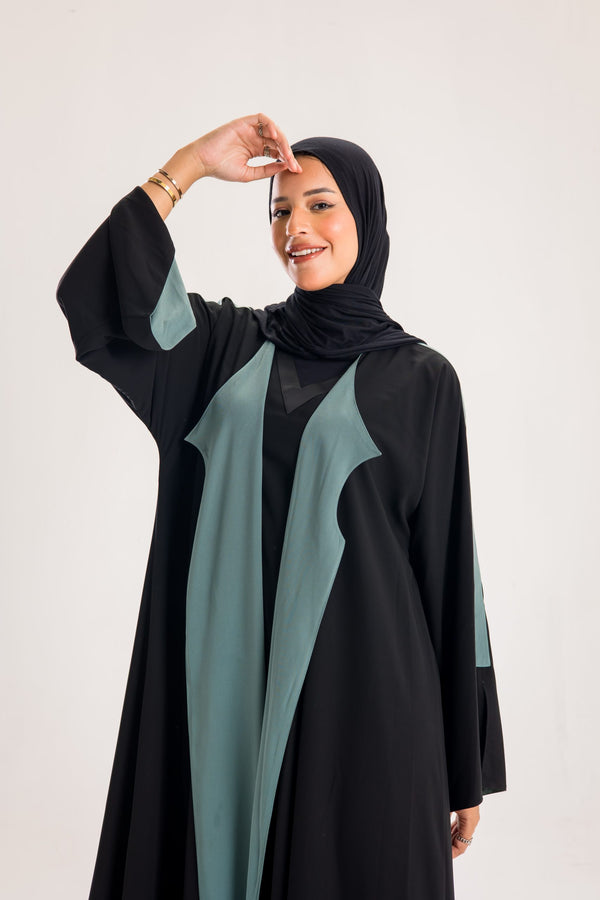 Double Sided crepe Abaya , black X dark mint green