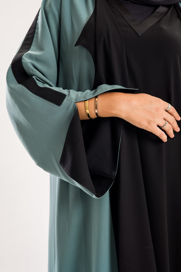 Double Sided crepe Abaya , black X dark mint green