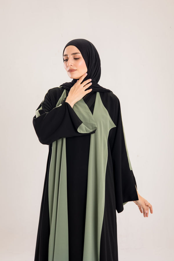 Double Sided crepe Abaya , black X olive green