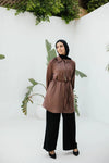 Light brown raglan crunched silk blouse with belt