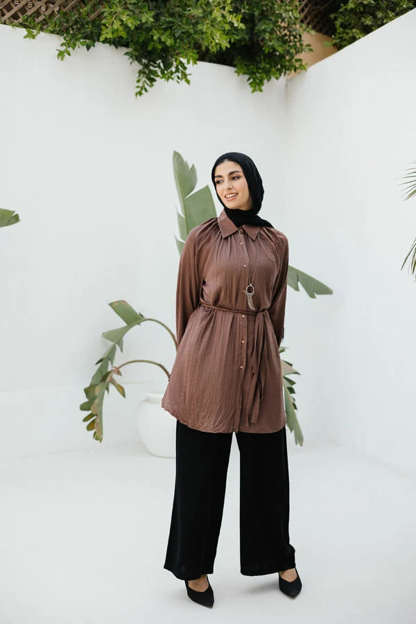 Light brown raglan crunched silk blouse with belt