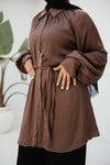 Light brown raglan crunched silk blouse with belt