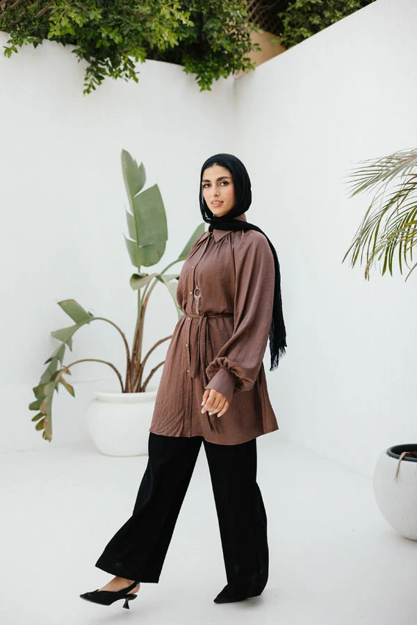 Light brown raglan crunched silk blouse with belt