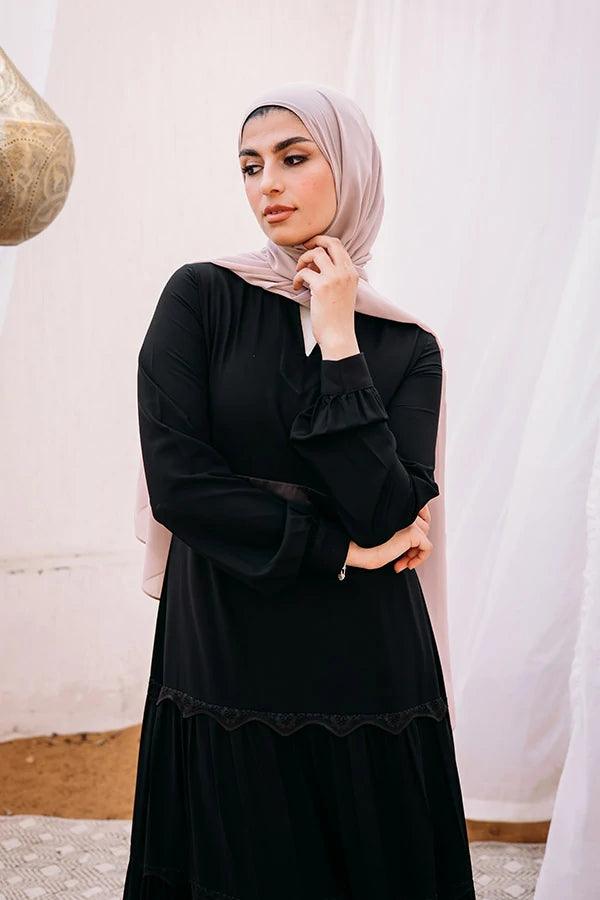 Layers abaya with lace detailing and satin belt