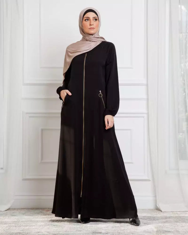 Tulip Abaya with Closh cut and Zipper - Black scarf included