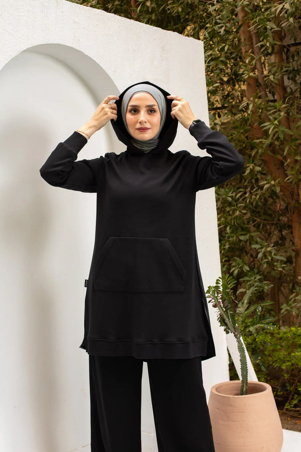 black sweatshirt with faux leather back