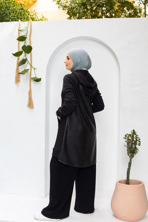 black sweatshirt with faux leather back