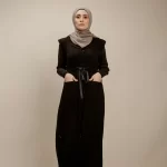 Front Bottons crepe Abaya with cotton sleeves and shoulder detail