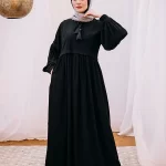 Crepe abaya with puffy sleeves and tassel neck rope