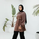 Light brown raglan crunched silk blouse with belt