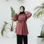 Dark pink raglan crunched silk blouse with belt