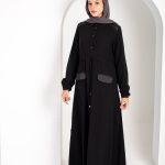 Closed button up abaya with dainty satin detailing